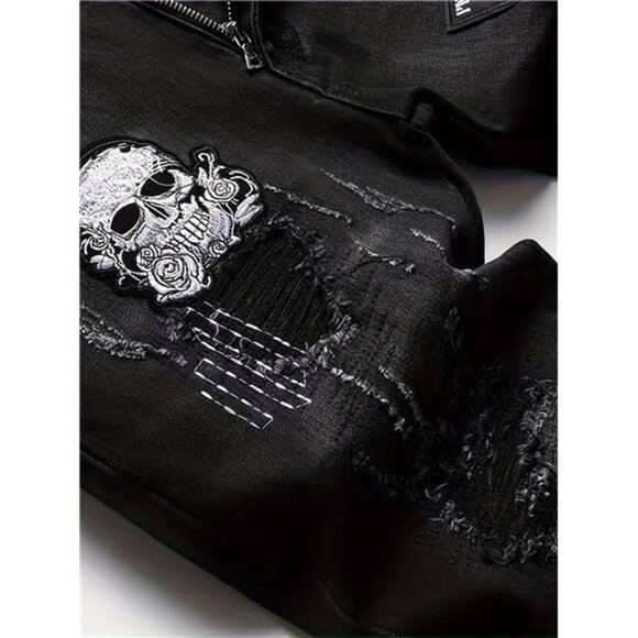 NWT Men's Black Punk Rock Distressed Skull Patch Jeans - Picture 4 of 5